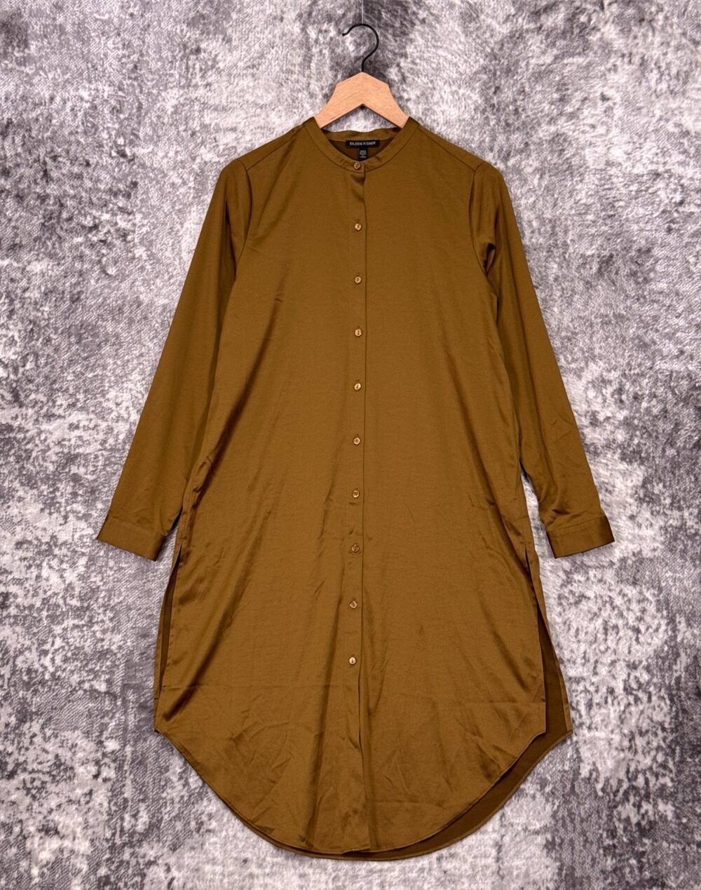 New Eileen Fisher Top XS Womens Mandarin Collar Long Tunic Shirt Green Satin